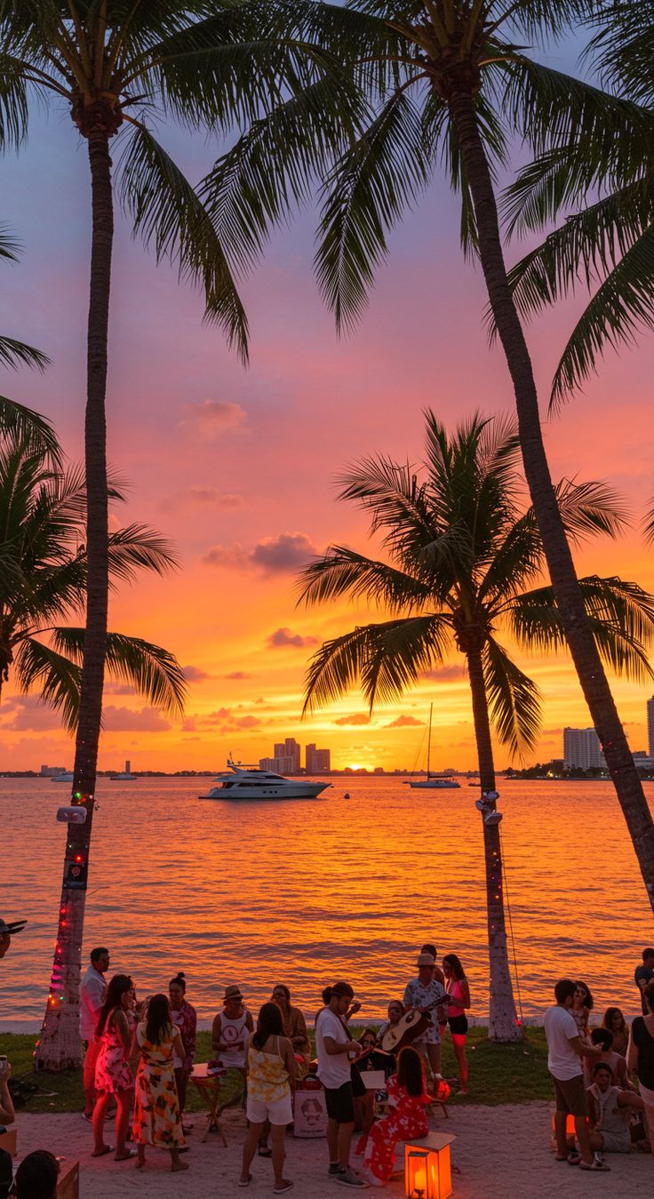 Skyline de Miami al atardecer con el reflejo en el agua